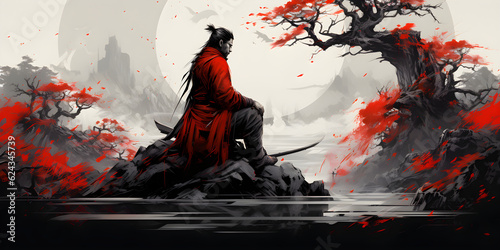 Slika na platnu Illustration of a samurai sitting on the background of the moon and sakura, Japa