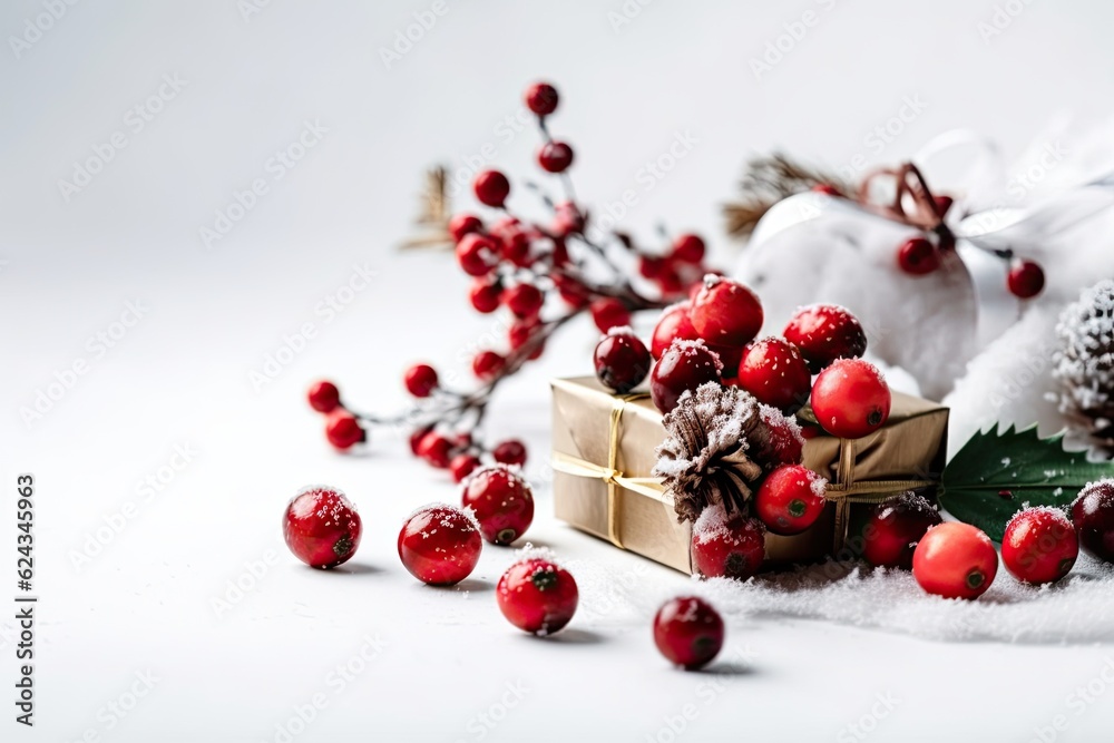 On a white backdrop, a winter composition with decorations, a red berry, and a gift has a dazzling bow. Winter, the New Year, and Christmas. frontal shot, blank space. Generative AI On a white backdrop, a winter composition with decorations, a red berry, and a gift has a dazzling bow. Winter, the New Year, and Christmas. frontal shot, blank space. Generative AI