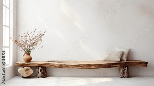 Modern living room with rustic wood slab on tree stumps and wooden bench near stucco generative ai