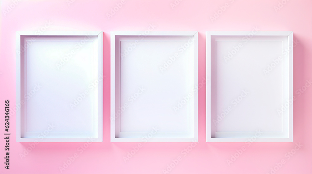 White picture frames on pink wall. 3d render illustration mock up.AI Generated White picture frames on pink wall. 3d render illustration mock up.AI Generated