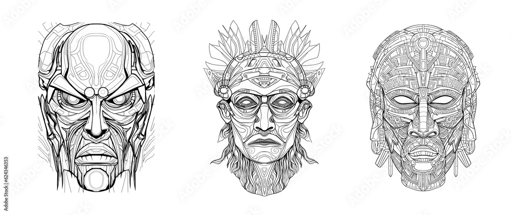 Mythical divinities portrait. Terrible mask for coloring. Mystical and spooky creatures created  with generative AI.