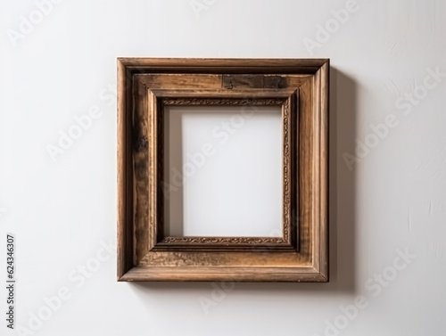 Empty antique wooden square frame for wall art mockup, generative ai