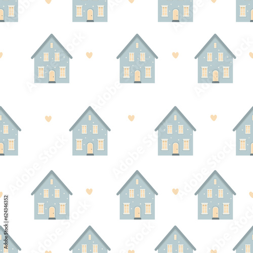 Seamless vector pattern in pastel colors. Cute houses and beige hearts . Vector illustration