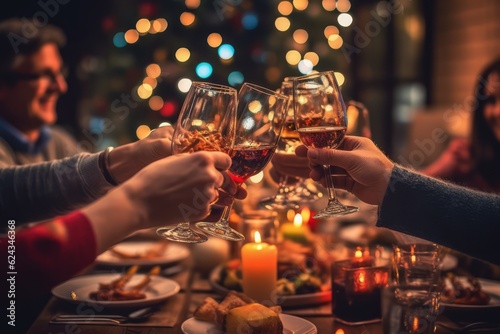 A family gathered around a beautifully decorated table, raising their glasses in a toast, signifying the warmth and togetherness of New Year's celebrations. Generative AI