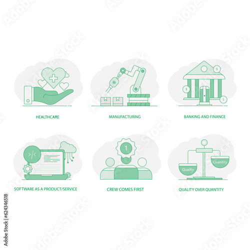 Healthcare, Manufacturing, Banking and Finance, Software Service, Crew, Crew Comes First, Quality Over Quantity, Quality, Quantity.