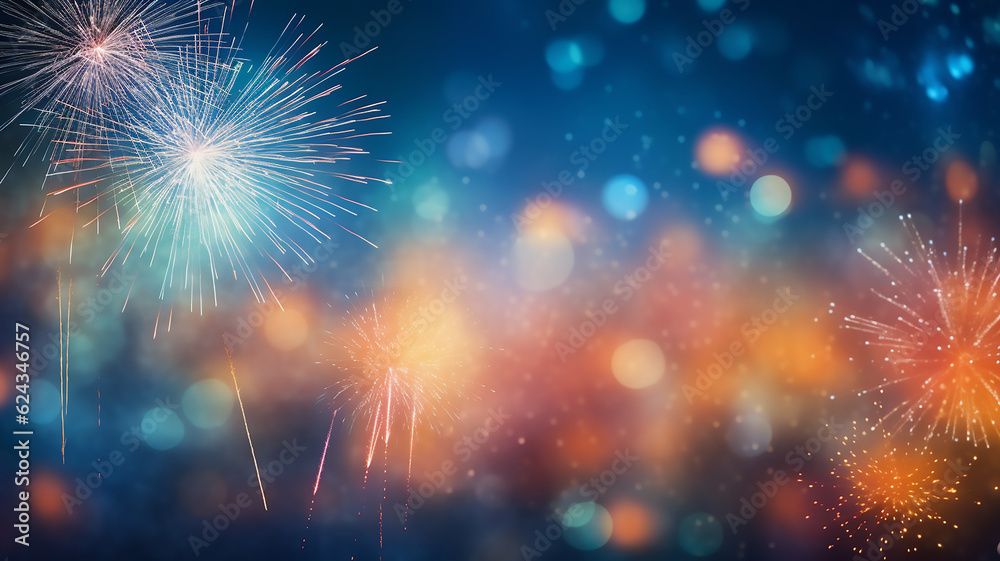 Fototapeta premium Fireworks on the sky bokeh background, Blurry background, template, Bokeh, Copy Space, Generative AI