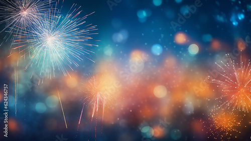 Fireworks on the sky bokeh background, Blurry background, template, Bokeh, Copy Space, Generative AI