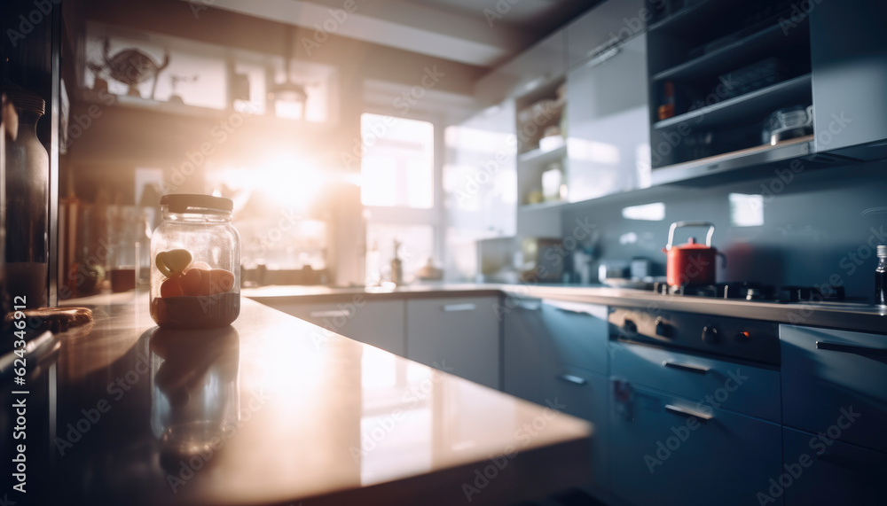 Beautiful modern kitchen interior with wide angle full of kitchen utensils and fairing beams in daylight. generative ai
Beautiful modern kitchen interior with wide angle full of kitchen utensils and fairing beams in daylight. generative ai