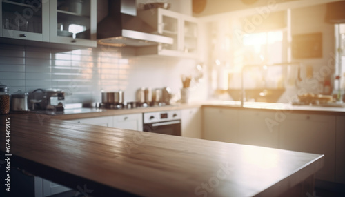 Beautiful modern kitchen interior with wide angle full of kitchen utensils and fairing beams in daylight. generative ai  