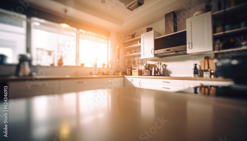 Beautiful modern kitchen interior with wide angle full of kitchen utensils and fairing beams in daylight. generative ai 