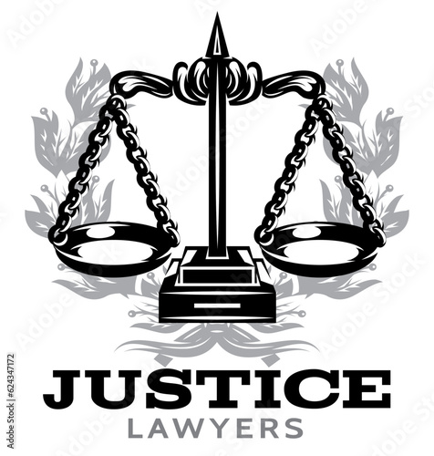 Scales of Themis for lawyers on the background of laurel wreath. Vector illustration. Stylish template for design