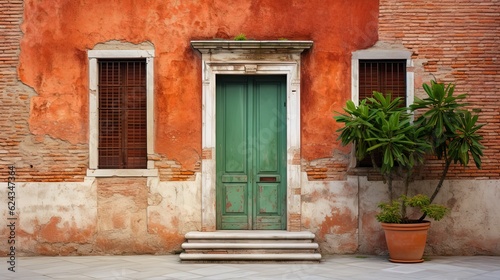 rustic old green wooden front door with pot plant garden, Generative Ai © QuietWord