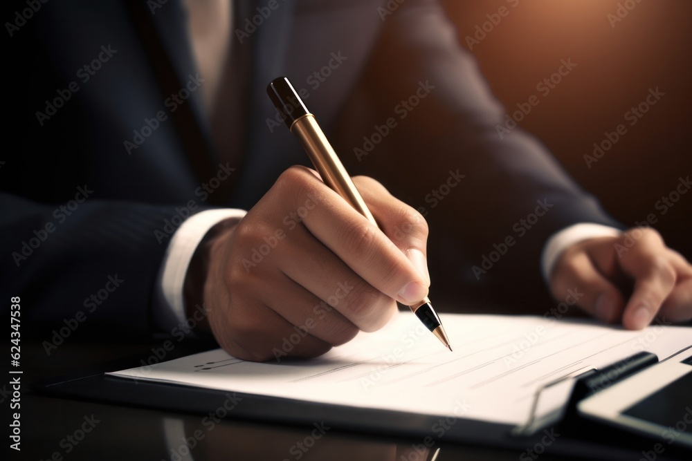 Detail close up of a man's hand with a pen as he signs a contract. Detail close up of a man's hand with a pen as he signs a contract.