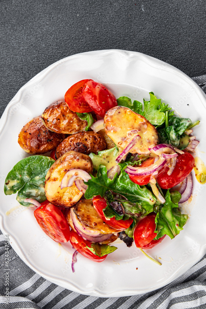 potato salad and vegetable baked potato, tomato, onion, salad leaves, salad dressing vinaigrette vegetables food healthy meal food snack on the table copy space food background rustic top view 