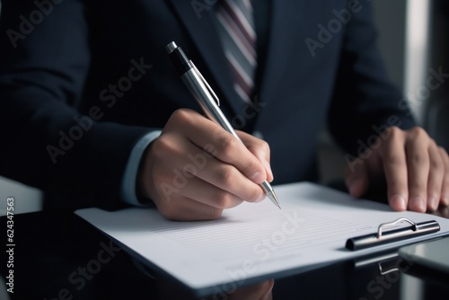 Detail close up of a man's hand with a pen as he signs a contract. © Nataly