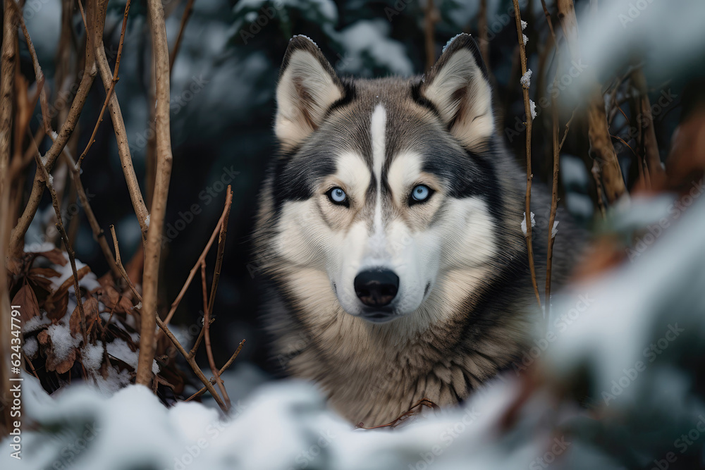 Dirty Frightened Husky Dog Sits In The Winter Woods Under Bush. Dog Lost In The Park In The Woods. Generative AI Dirty Frightened Husky Dog Sits In The Winter Woods Under Bush. Dog Lost In The Park In The Woods. Generative AI