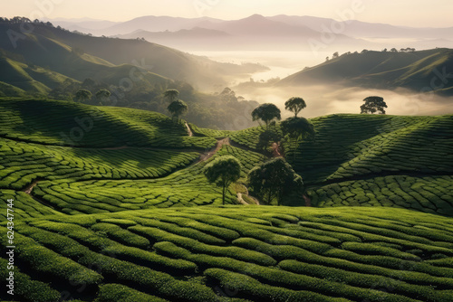 Expansive Tea Plantation On The Misty Slopes Of Mountains. Generative AI