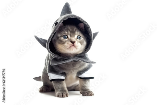 Kitten In Shark Costume On White Background. Generative AI photo