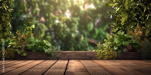 Blank beautifully decorated wooden table on blur forest background. Perfect for product display © Thares2020