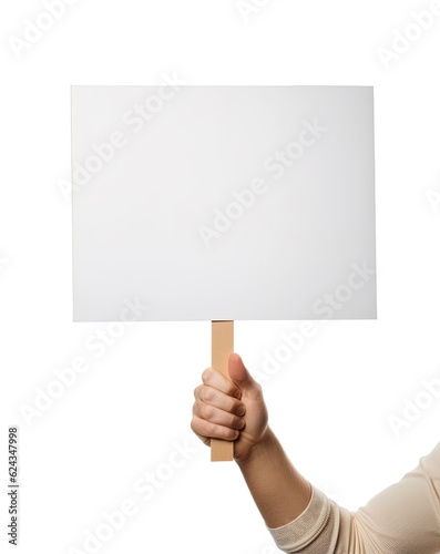 a hand holding up a blank sign on a white background