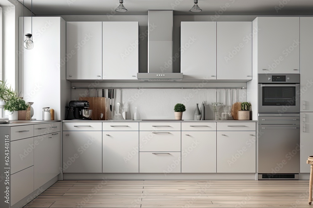 Stacks of white cabinets hang above gray kitchen counters with built in appliances. a poster in a frame. a mockup. Generative AI