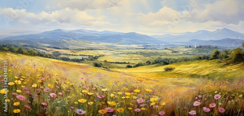 painting style illustration, wildflower field in sunny day, Generative Ai
