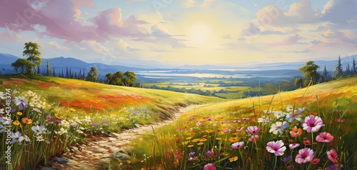 painting style illustration  wildflower field in sunny day  Generative Ai