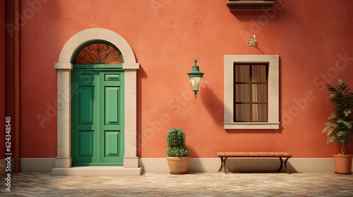 rustic old green wooden front door with orange wall, Generative Ai photo