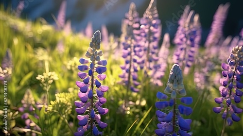 Gorgeous landscape with blooming lupine flowers field.