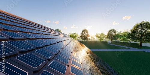 3d rendering of solar or photovoltaic shingles in perspective on roof of home or house building. System technology to generate electrical power or direct current electricity by light or sunlight. photo