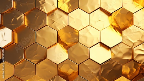 abstract gold background, golden wall hexagonal fractal tile brick, Generative Ai © QuietWord
