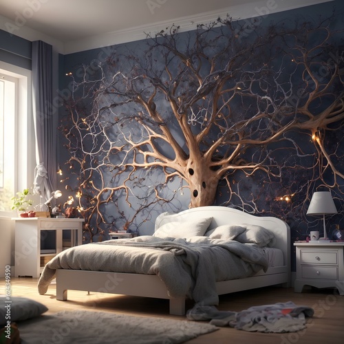 A bedroom with a strange decor, a non-flowering tree behind the bed spread on the wall of the room, with beautiful lighting in a more beautiful scene