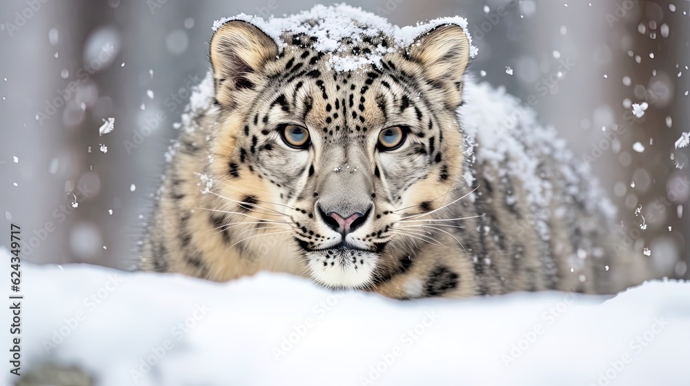 A snow leopard hunting in the snow. Generative AI