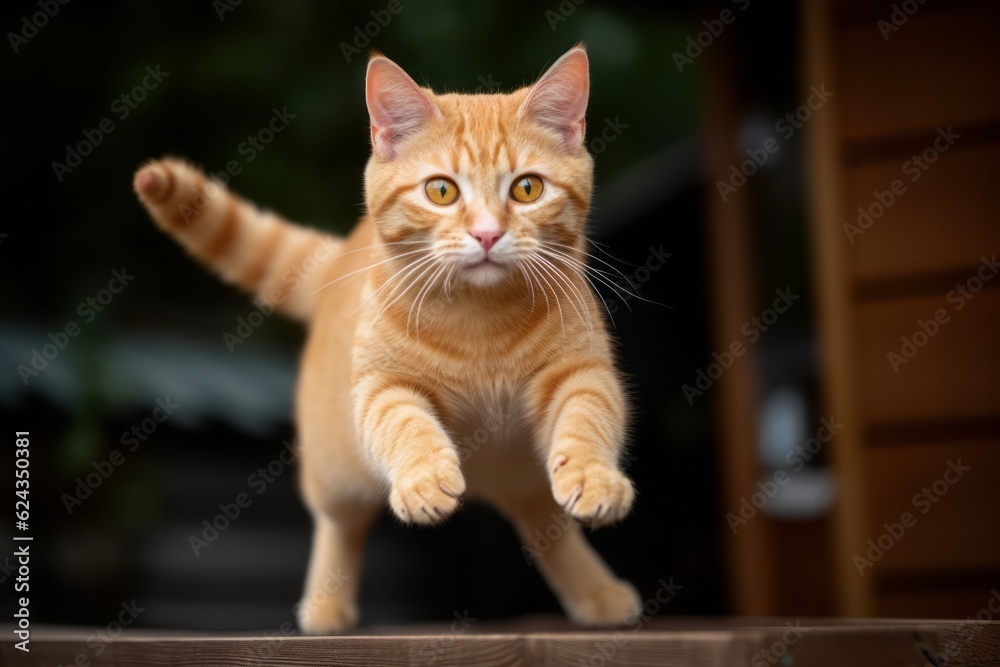 A beautiful portrait of domestic orange striped cat jumping. Generative AI