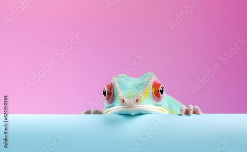 Creative Animal Concept. Cheerful chameleon on a bright pastel background. Generative AI.