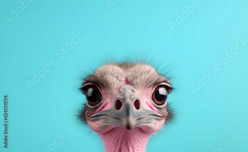 Creative Animal Concept. Ostrich peeking over pastel bright background. Generative AI.