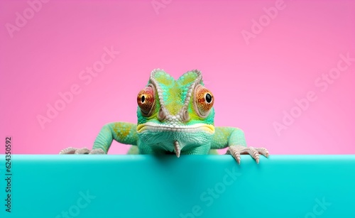 Creative Animal Concept. Cheerful chameleon on a bright pastel background. Generative AI.