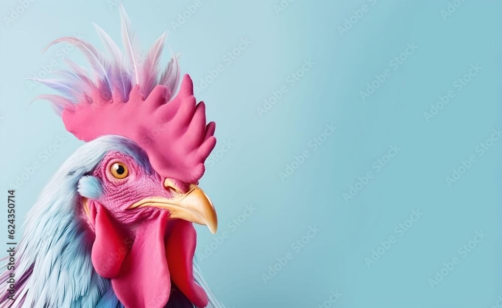 Creative Animal Concept. Rooster peeking over pastel bright background. Generative AI.	