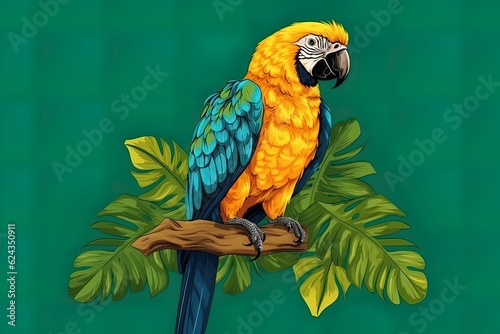illustration of a golden and blue macaw parrot. Generative Ai photo