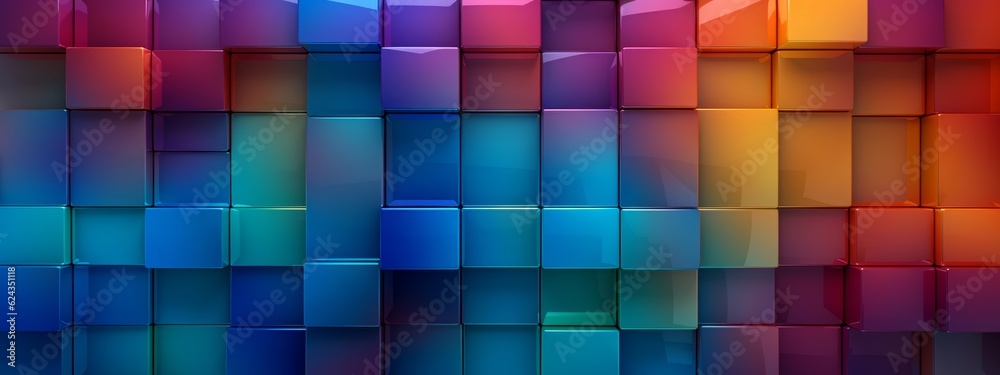 Abstract bright geometric bold rainbow colors colored 3d gloss texture wall with squares and rectangles background banner illustration panorama long, textured wallpaper (Generative Ai)