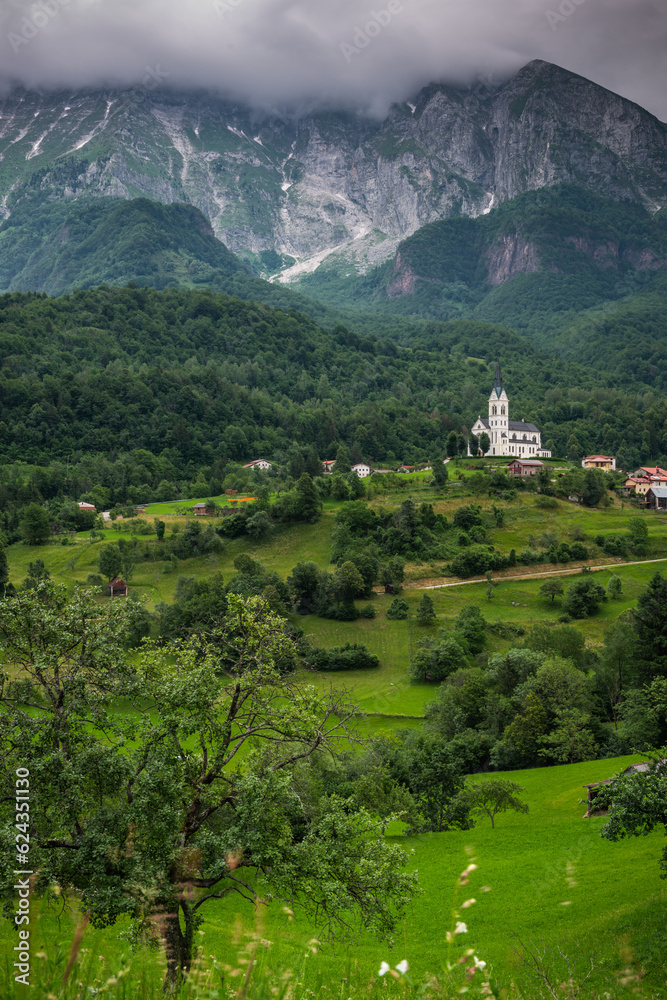 Drežnica village near Kobarid, under Mount Krn Slovenia. Picturesque rural green landscape