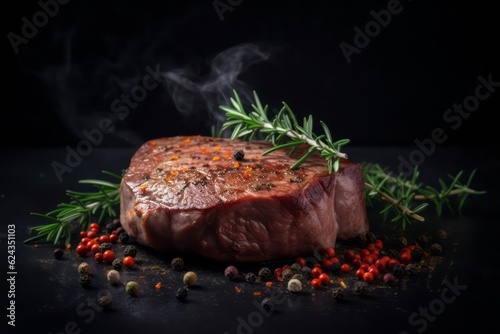 Beef steak on a dark background with spices and herbs. Generative AI