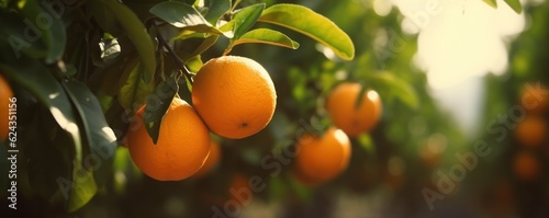 Banner - close up of an orange tree with ripe orange fruit and green leaves.