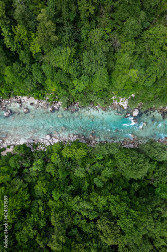 Soca river in Soca valley, Slovenia. Aerial drone view