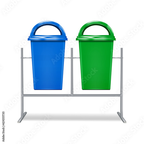 Dual green and blue industrial dustbin stand vector mockup. Color recycle outdoor dust bin set realistic mock-up. Hanging garbage waste recycling containers, trash cans