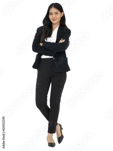 Full length portrait of young businesswoman in suit standing isolated on white background. Happy Asian entrepreneur woman beautiful smiling with confident. Smart young secretary studio model.