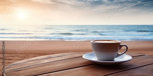 Coffee in white cup on wooden table on beach, blurred background