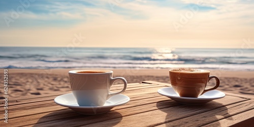 Coffee in white cup on wooden table on beach, blurred background