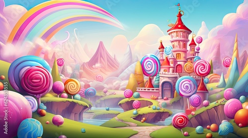 Pink sweet candy land. Fairy tale castle. Concept of wonderland. AI illustration..
