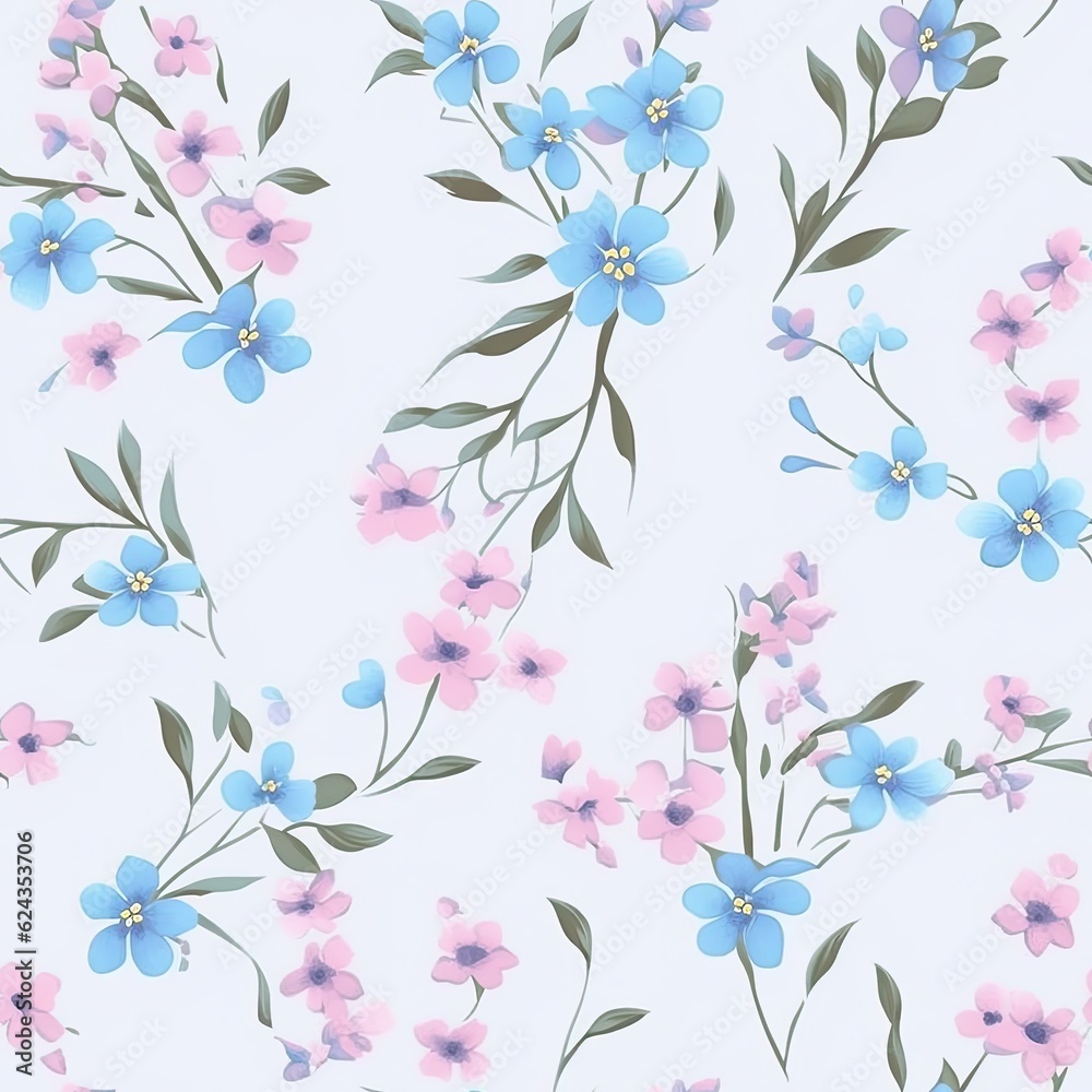 Seamless pattern of myosotis or forget-me-not. Summer, cute little flowers. Floral background. AI illustration for packaging, wrapping paper, wedding invitations, greeting cards, textile, web. Seamless pattern of myosotis or forget-me-not. Summer, cute little flowers. Floral background. AI illustration for packaging, wrapping paper, wedding invitations, greeting cards, textile, web.